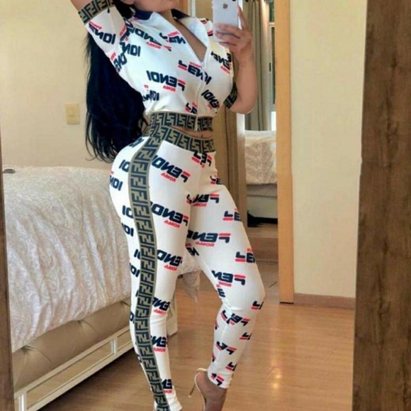 Fashion Nova Blue Logo Print Jumpsuit with Brown Trim - Picture 3 of 3